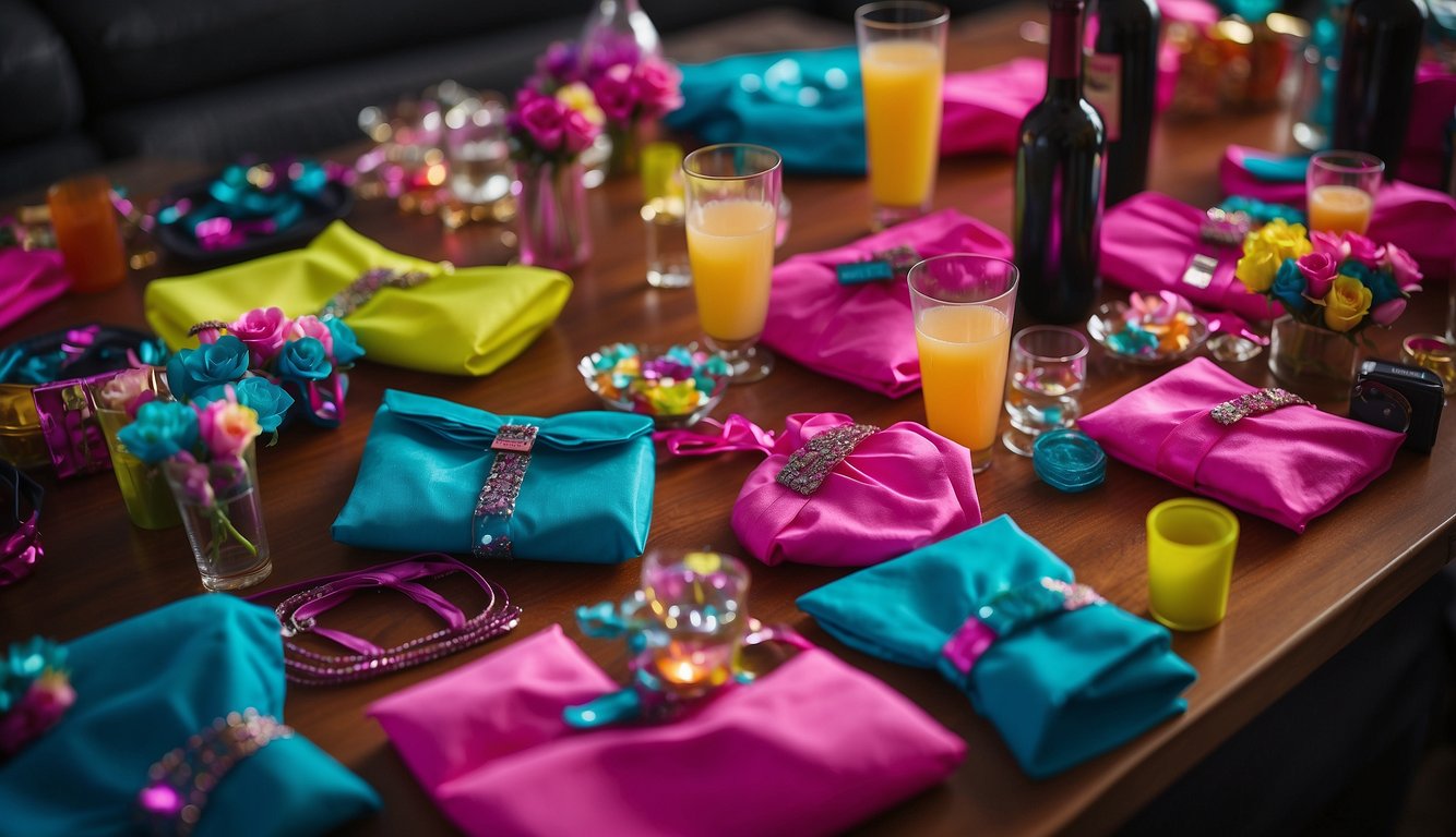 Colorful neon bachelorette party outfits laid out on a bed, surrounded by makeup, accessories, and bottles of champagne Neon Bachelorette Party Outfits