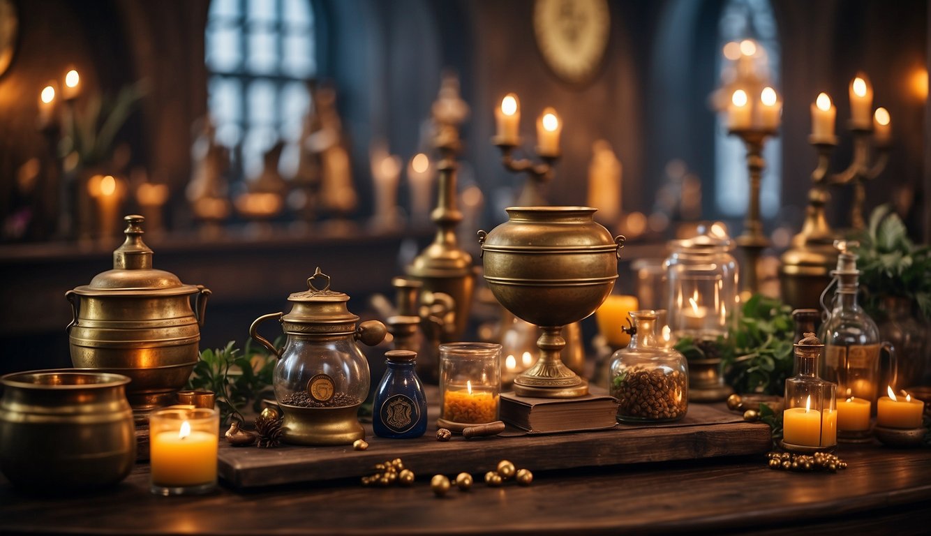 A table adorned with Hogwarts house banners, cauldron centerpieces, and golden snitch decorations. A wand-making station and a potion mixing area are set up for guests to enjoy Harry Potter Themed Bachelorette Party