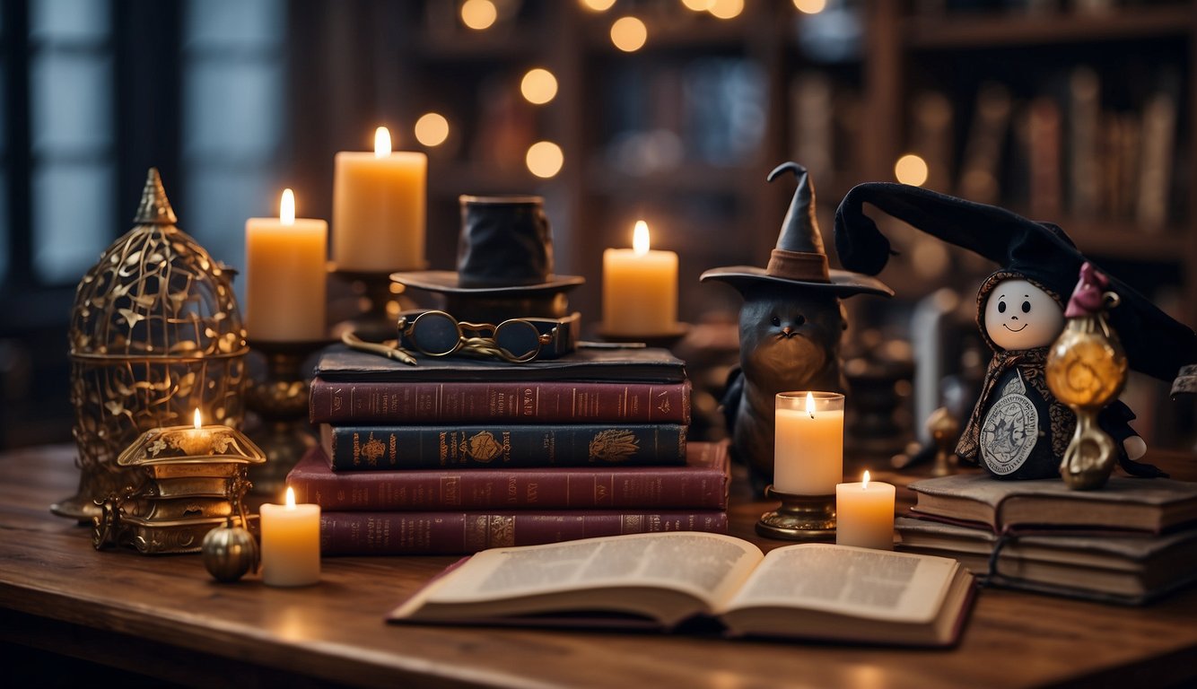 A table covered in Harry Potter themed decorations, with a stack of magical books and wands, surrounded by giggling witches wearing wizard hats Harry Potter Themed Bachelorette Party