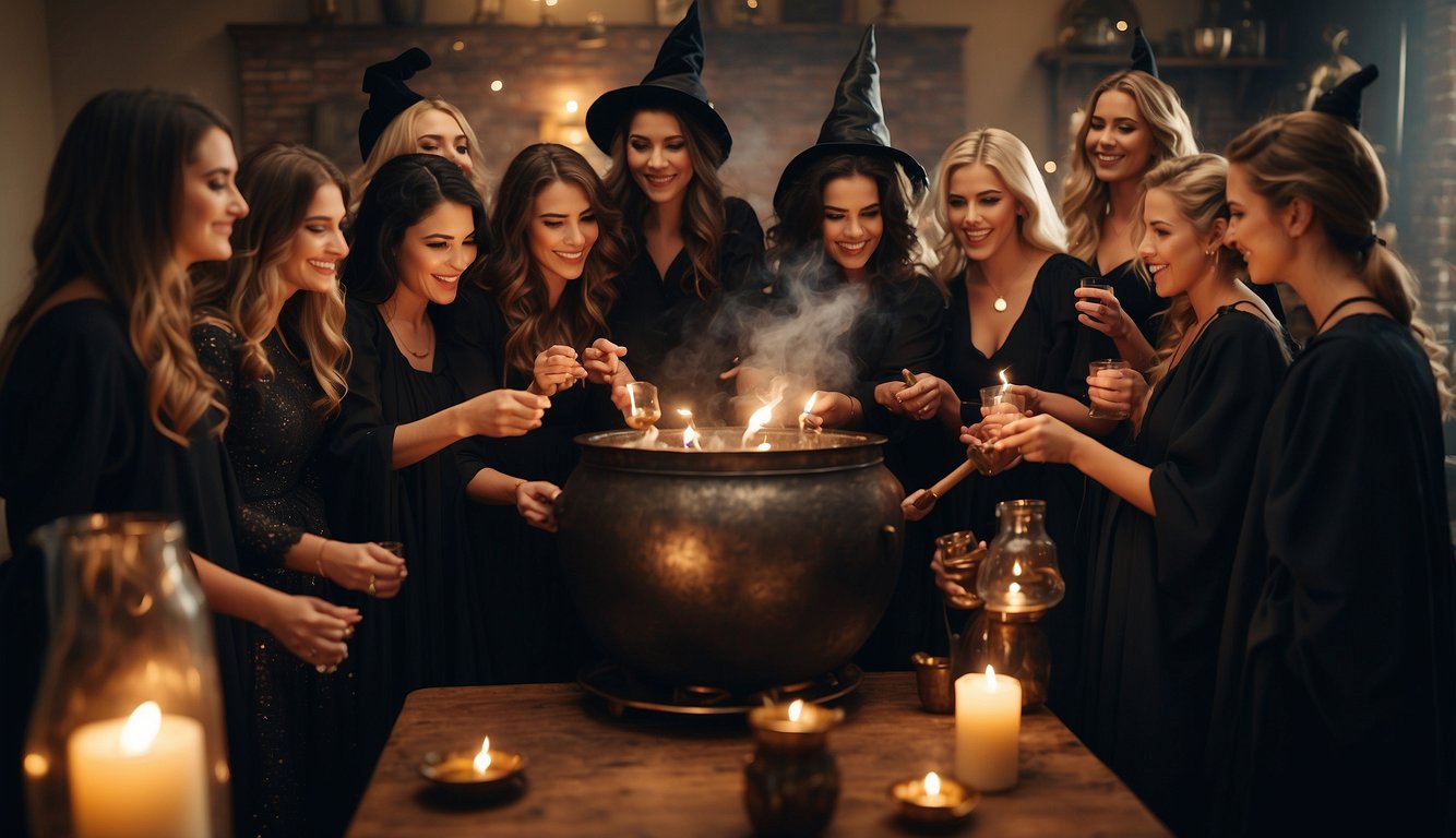 The group of witches and wizards gather around a glowing cauldron, casting spells and mixing potions, as they celebrate the magical journey of the Harry Potter themed bachelorette party Harry Potter Themed Bachelorette Party