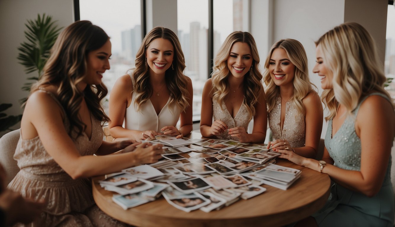 The Bride Squad is brainstorming bachelorette party outfit ideas. They are gathered around a table with magazines, fabric swatches, and accessories, excitedly discussing and coordinating their looks Bachelorette Party Outfit Ideas