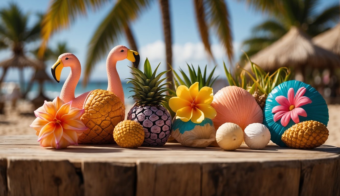 Colorful beach-themed decorations: palm trees, flamingos, and pineapples. Tiki torches, seashells, and starfish. Bright, tropical flowers and leis Bachelorette Party Beach Theme