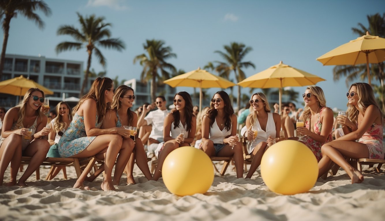 Friends playing beach volleyball, building sandcastles, sipping cocktails, and lounging under umbrellas at a bachelorette party beach theme Bachelorette Party Beach Theme