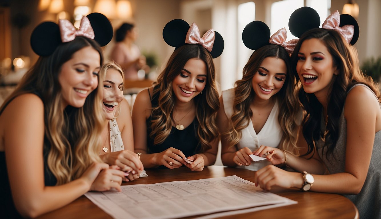 A group of women excitedly map out their Disney bachelorette party itinerary, surrounded by Mickey Mouse ears and princess-themed decorations Disney Themed Bachelorette Party
