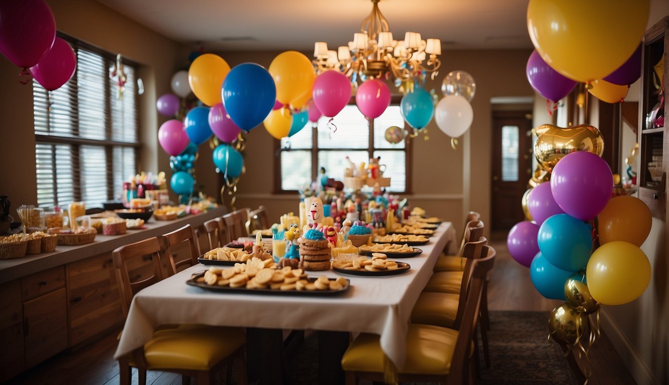 A group of Disney-themed decorations, snacks, and games fill a room for a bachelorette party. Streamers, balloons, and character cutouts create a festive atmosphere Disney Themed Bachelorette Party