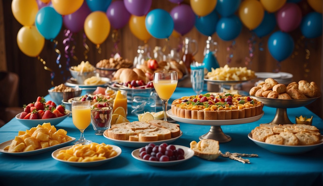 A table set with Disney-themed decor, cocktails, and a spread of appetizers. Balloons and streamers in Disney colors adorn the room Disney Themed Bachelorette Party