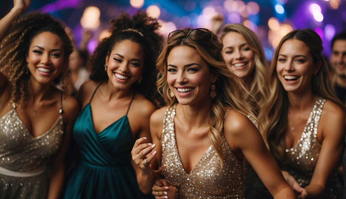 A group of women wearing Disney-themed attire, dancing and laughing at a bachelorette party Disney Themed Bachelorette Party