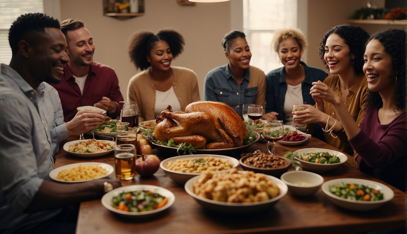 A diverse group of people from different backgrounds gather around a table filled with traditional Thanksgiving dishes, engaging in conversation and laughter Do Muslims Celebrate Thanksgiving