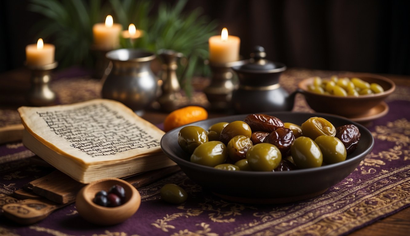 A table set with halal food, including dates, olives, and bread, with a Quran and prayer rug nearby Do Muslims Celebrate Thanksgiving