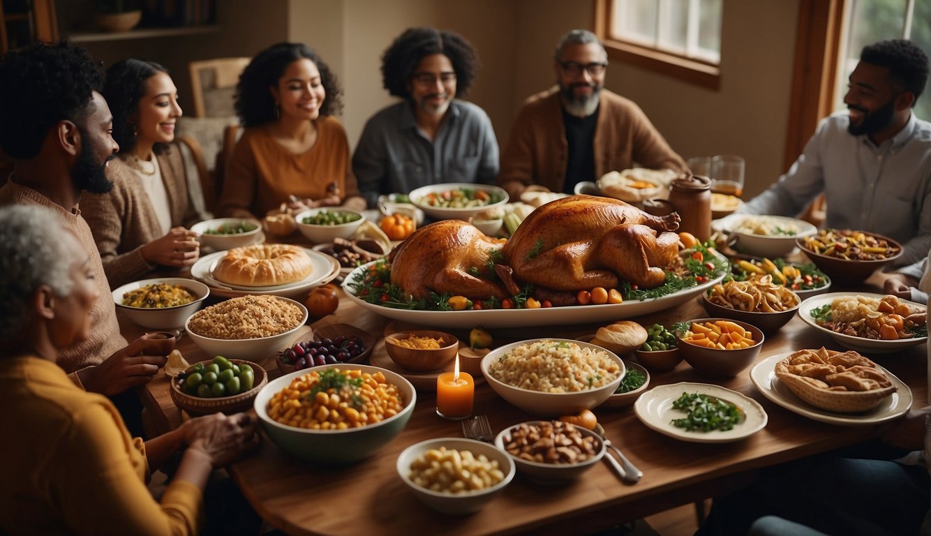 A diverse group of Muslims gather around a table filled with traditional Thanksgiving dishes, sharing laughter and conversation, while embracing their cultural identity and faith Do Muslims Celebrate Thanksgiving