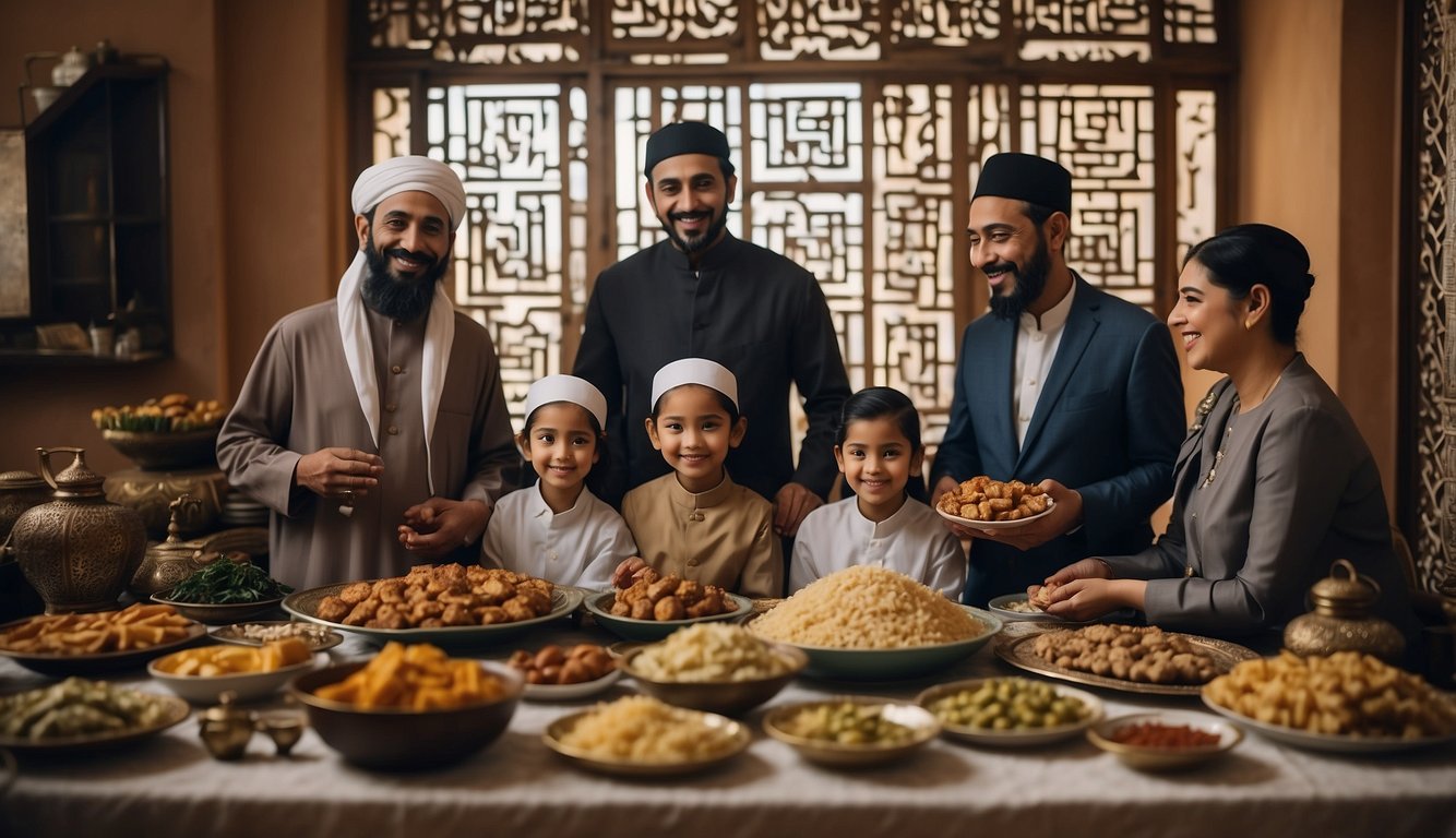 A family gathers around a table filled with traditional Islamic dishes, smiling and sharing gratitude. Decorations featuring Islamic calligraphy and geometric patterns adorn the room Do Muslims Celebrate Thanksgiving