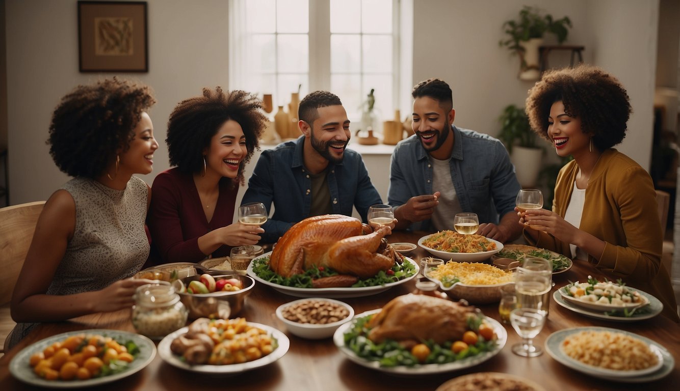 A diverse group of people of different ethnicities and cultures gather around a table filled with traditional Thanksgiving dishes, engaging in lively conversation and sharing laughter Do Muslims Celebrate Thanksgiving