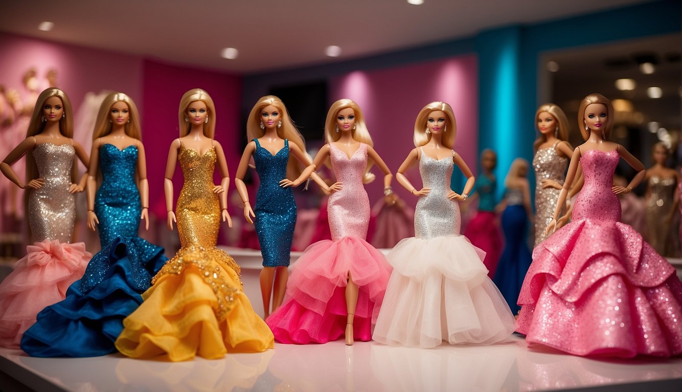 Barbie bachelorette outfits displayed on mannequins in a vibrant fashion showroom. Glittering gowns, stylish accessories, and chic footwear showcase Barbie's iconic fashion history Barbie Bachelorette Outfits