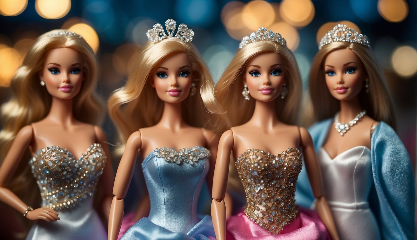 Barbie dolls in various bachelorette outfits, including dresses, tiaras, and accessories, displayed on a clothing rack or mannequin Barbie Bachelorette Outfits