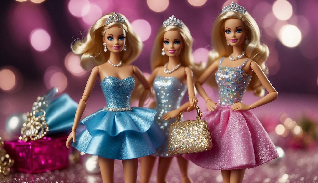 Barbie dolls are displayed on a glittery backdrop wearing stylish bachelorette outfits, complete with accessories like tiaras, purses, and high heels Barbie Bachelorette Outfits