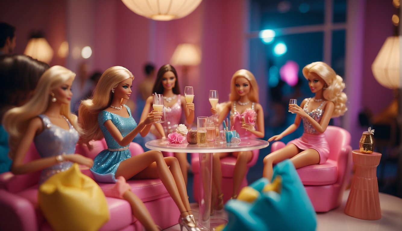 A table set with pink decorations, champagne glasses, and Barbie-themed bachelorette party essentials Barbie Bachelorette Outfits