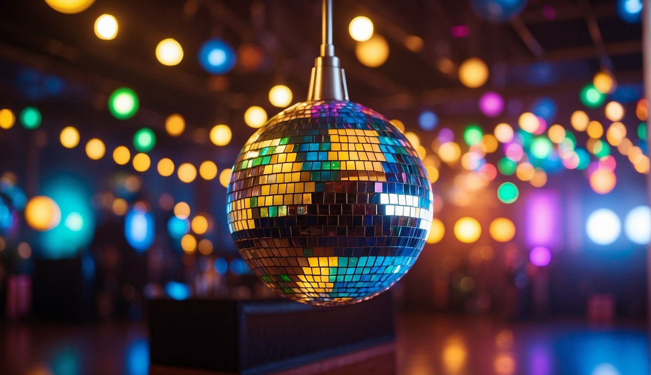 A colorful disco ball hangs from the ceiling, casting shimmering lights on the dance floor. Retro vinyl records adorn the walls, and a lava lamp glows in the corner 70s Themed Bachelorette Party