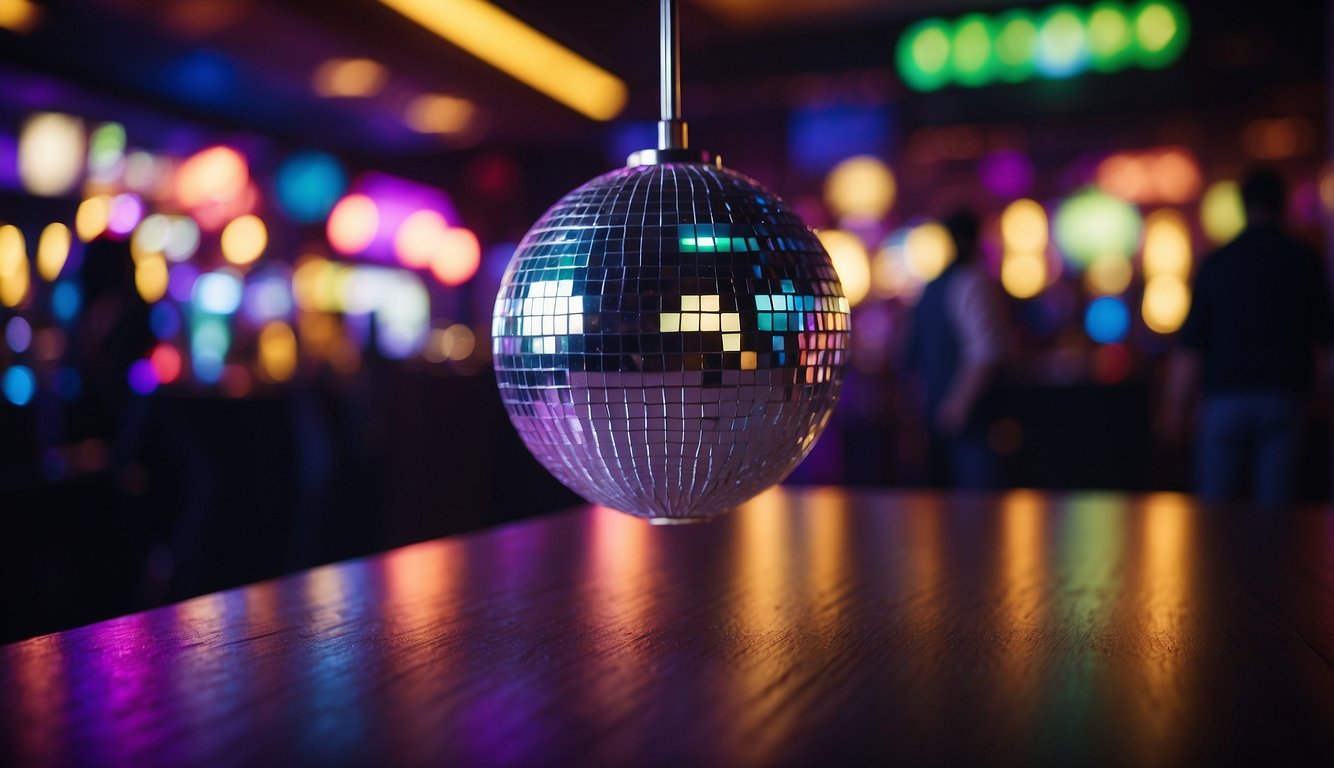 A disco ball spins above a dance floor, surrounded by neon lights and vintage arcade games. A DJ plays 70s hits as guests mingle and enjoy retro cocktails 70s Themed Bachelorette Party