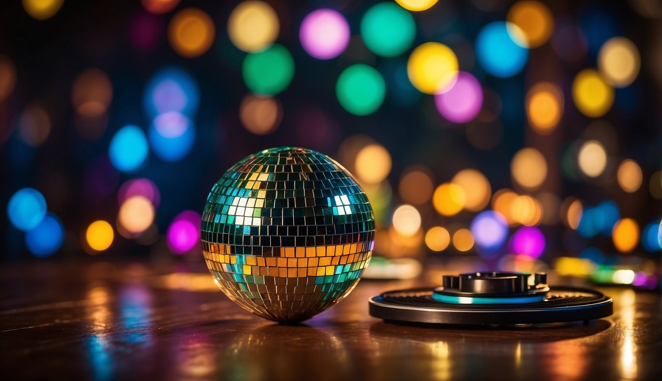Colorful disco ball, retro vinyl records, and funky disco lights adorn the room. 70s themed invitations and party favors are scattered on a table 70s Themed Bachelorette Party