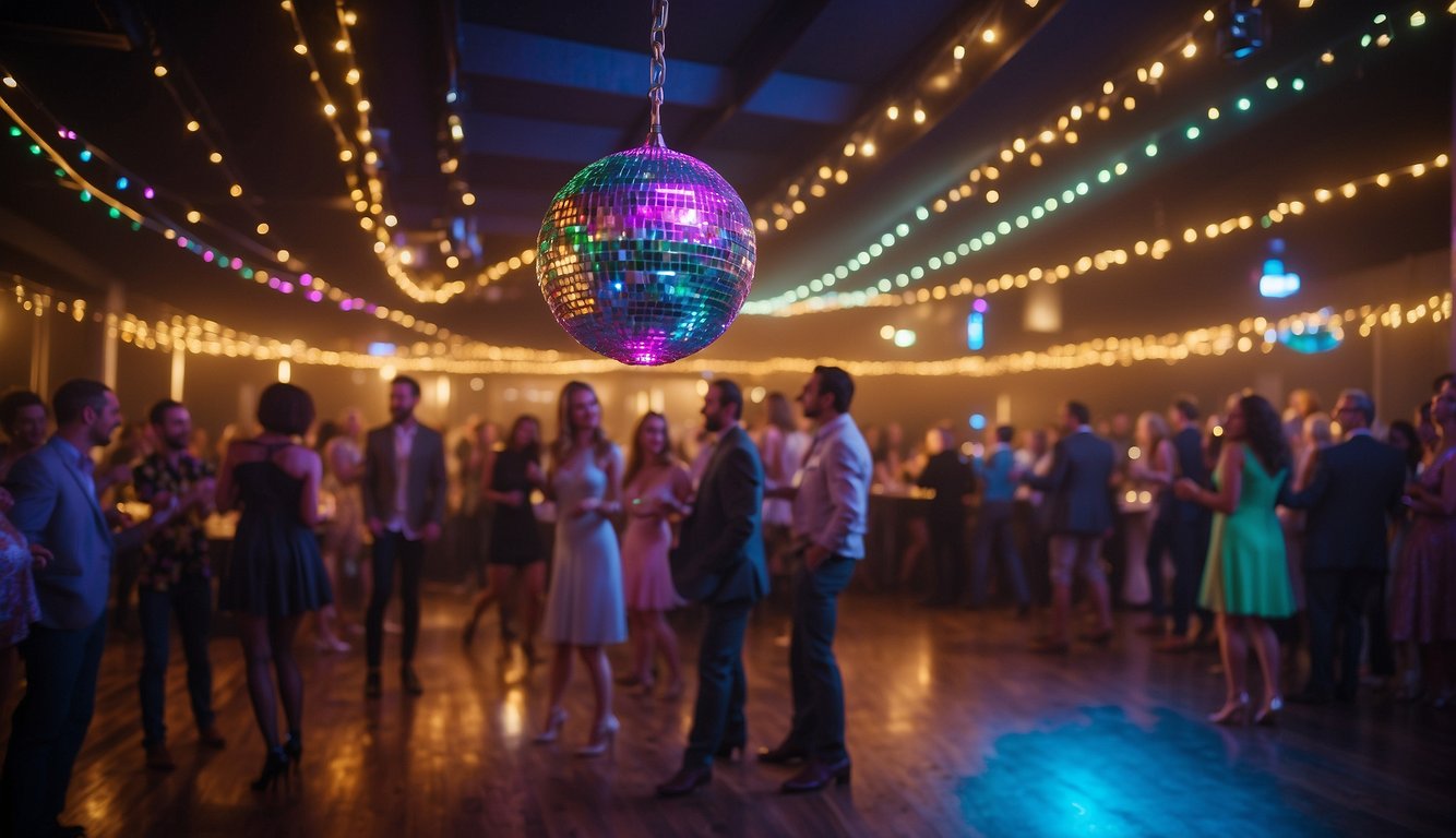 Guests decorating with disco balls, vinyl records, and neon lights for a 70s themed bachelorette party 70s Themed Bachelorette Party