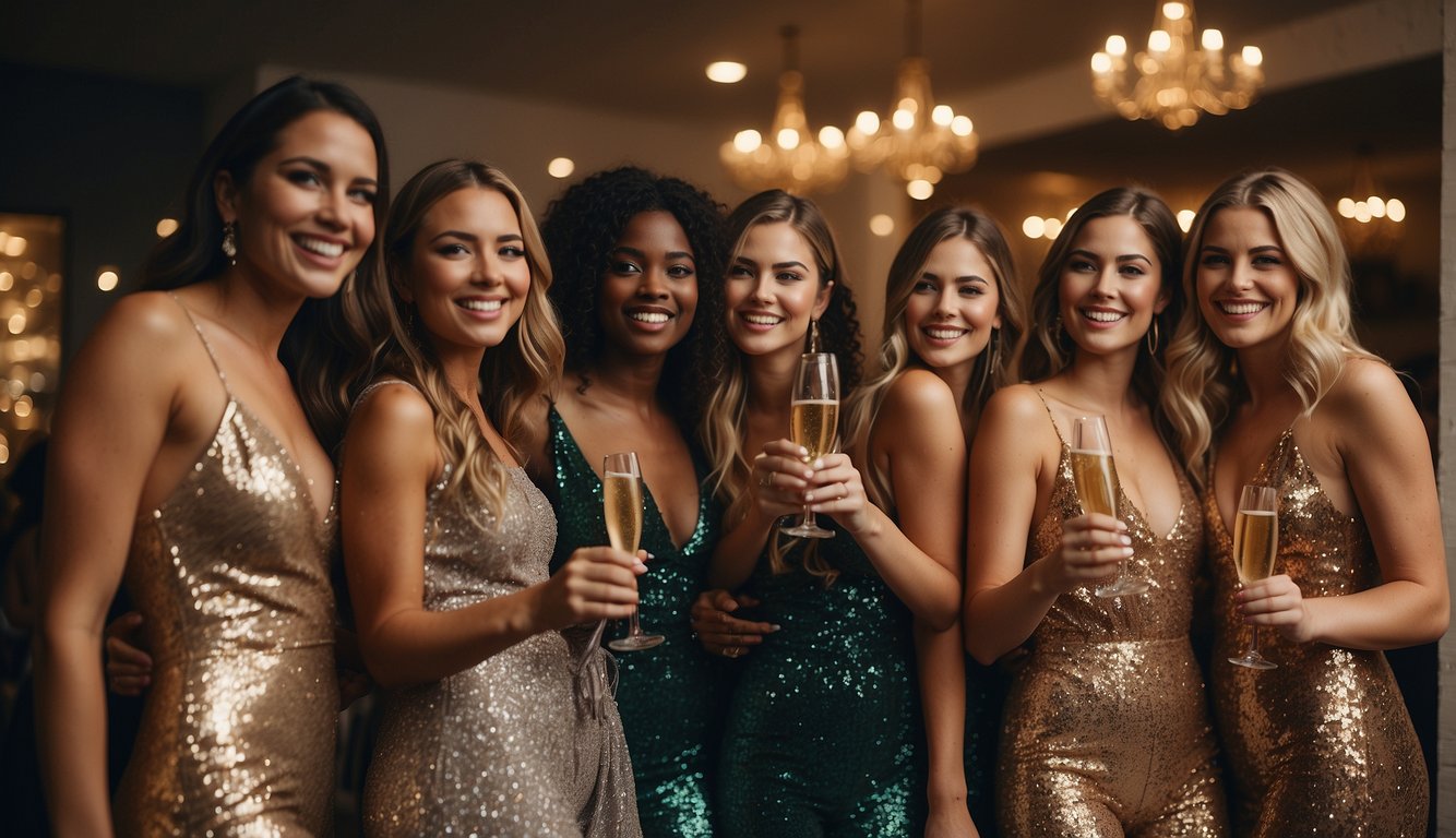 A group of friends browse through racks of sparkly dresses and trendy jumpsuits, laughing and sipping on champagne as they search for the perfect bachelorette party outfit Night Out Bachelorette Party Outfits