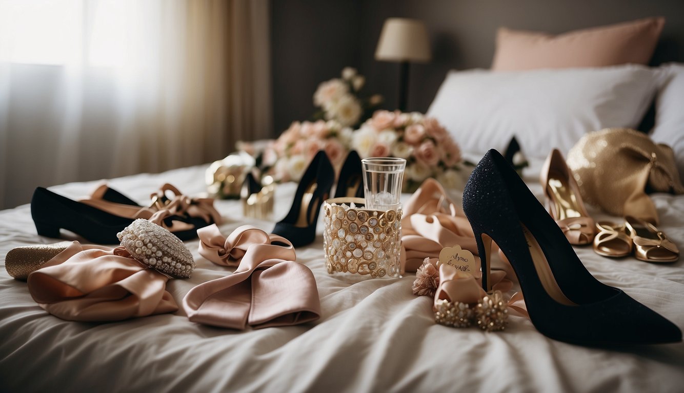 A group of stylish outfits laid out on a bed, including dresses, heels, and accessories, ready for a bachelorette party night out Night Out Bachelorette Party Outfits