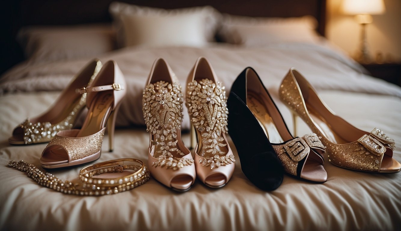 A group of stylish outfits, including elegant dresses, sparkly accessories, and high heels, are laid out on a bed, ready for a fun night out celebrating friendship and love at a bachelorette party Night Out Bachelorette Party Outfits
