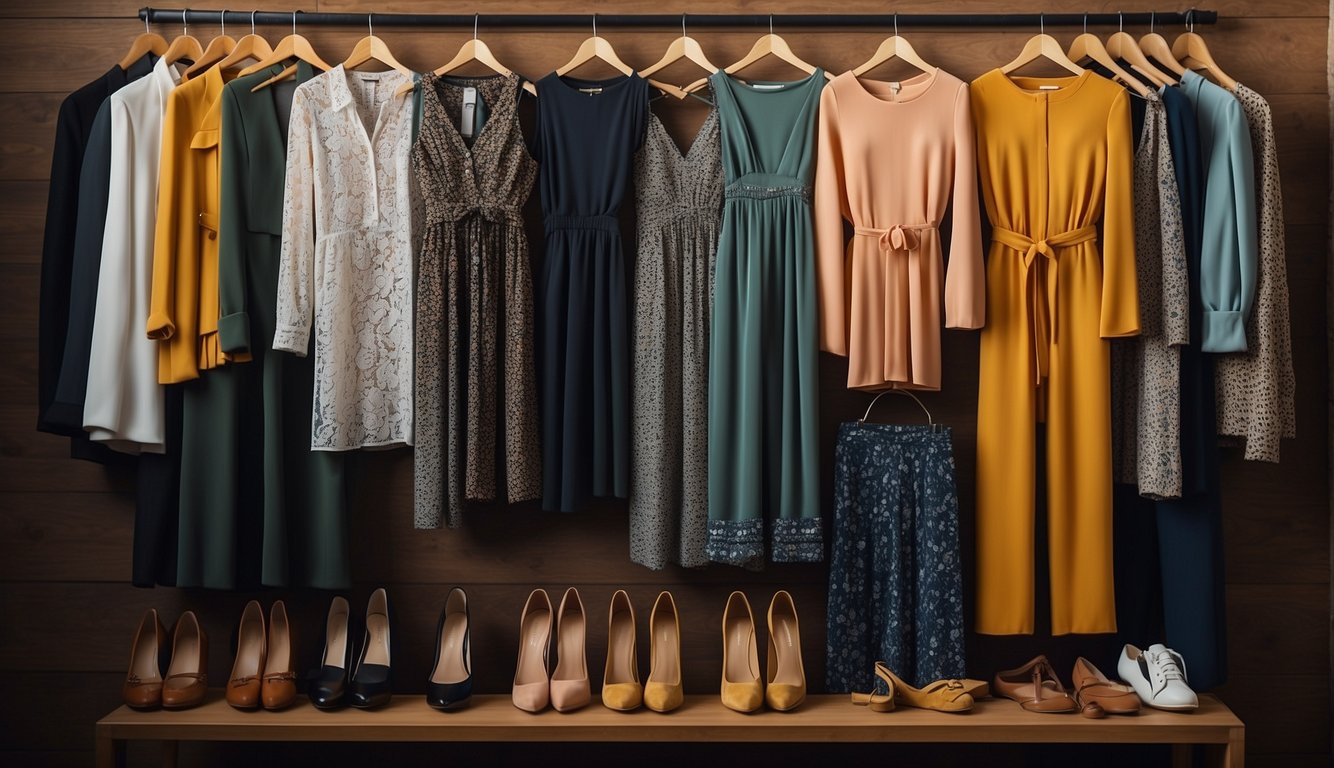 A diverse group of outfits laid out on a table, including dresses, jumpsuits, and separates in a variety of sizes and styles Night Out Bachelorette Party Outfits