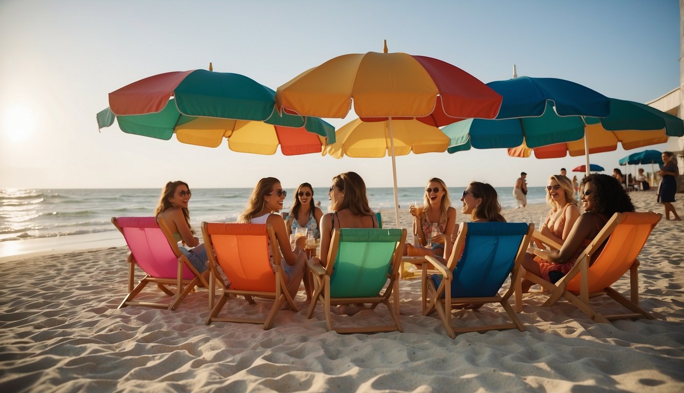 Sandy beach with colorful umbrellas, beach chairs, and a cooler. Waves crashing in the background, seagulls flying overhead, and a group of women laughing and chatting Beach Themed Bachelorette Party