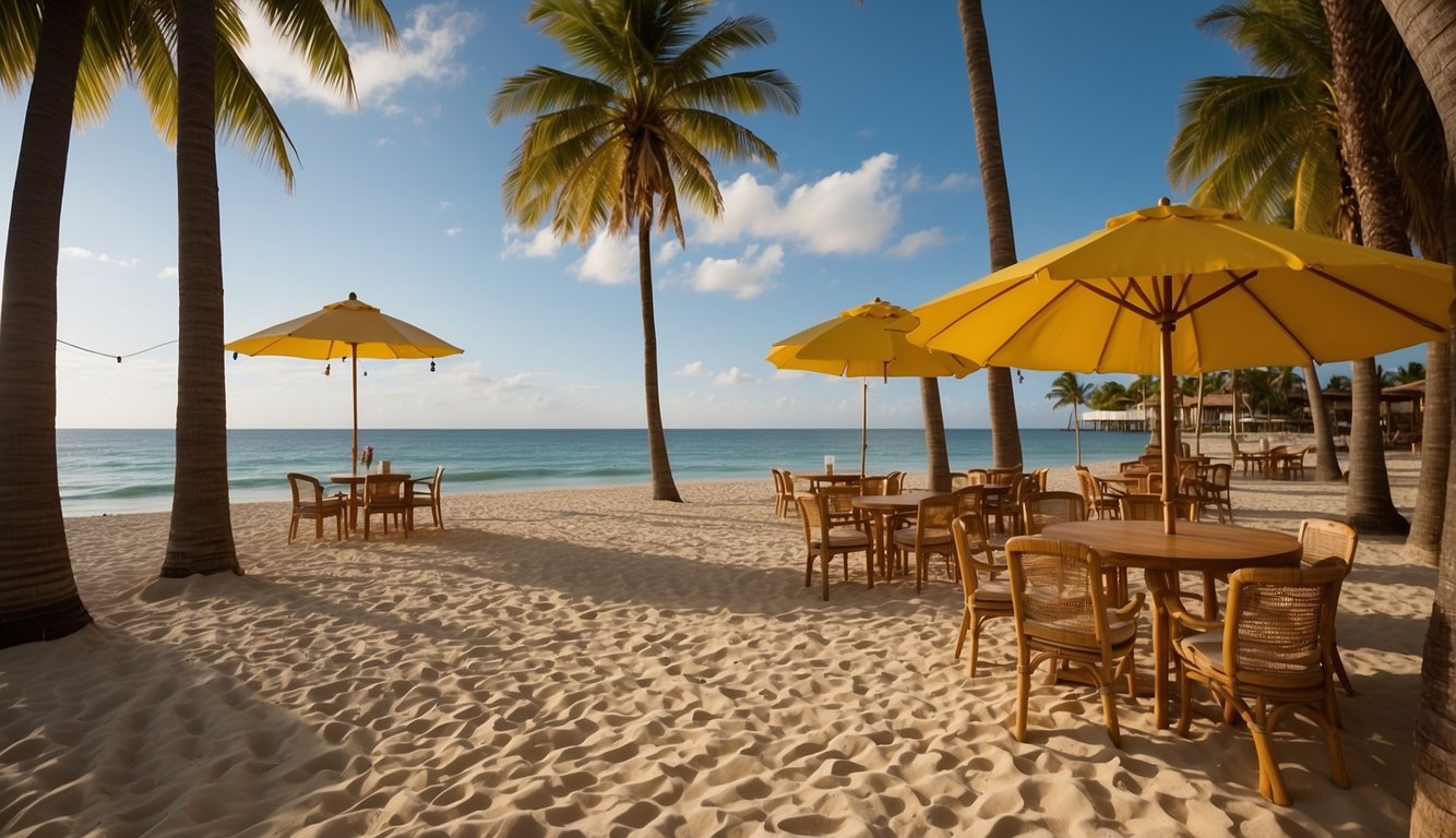 A sandy beach with colorful umbrellas, beach chairs, and palm trees. Tiki torches and string lights create a warm, inviting ambiance Beach Themed Bachelorette Party
