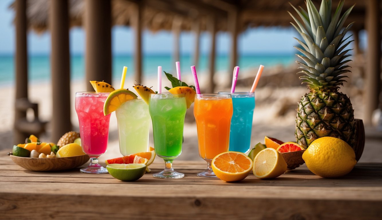 A sandy beach with colorful beach towels, a variety of tropical fruits, cocktails, and mocktails on a wooden table, surrounded by tiki torches and seashells Beach Themed Bachelorette Party