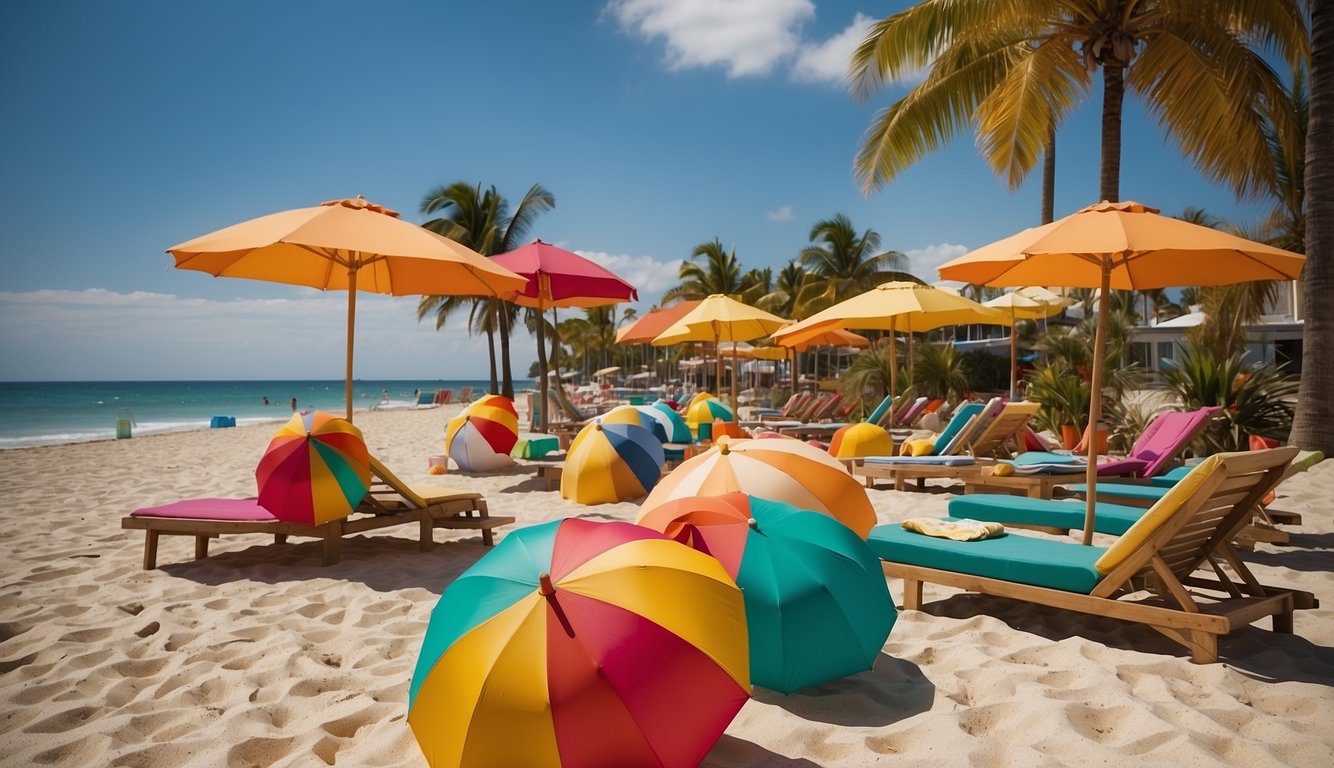 A beach scene with colorful umbrellas, lounge chairs, and straw hats scattered around. Beach balls, sunglasses, and tropical drinks add to the festive atmosphere Beach Themed Bachelorette Party