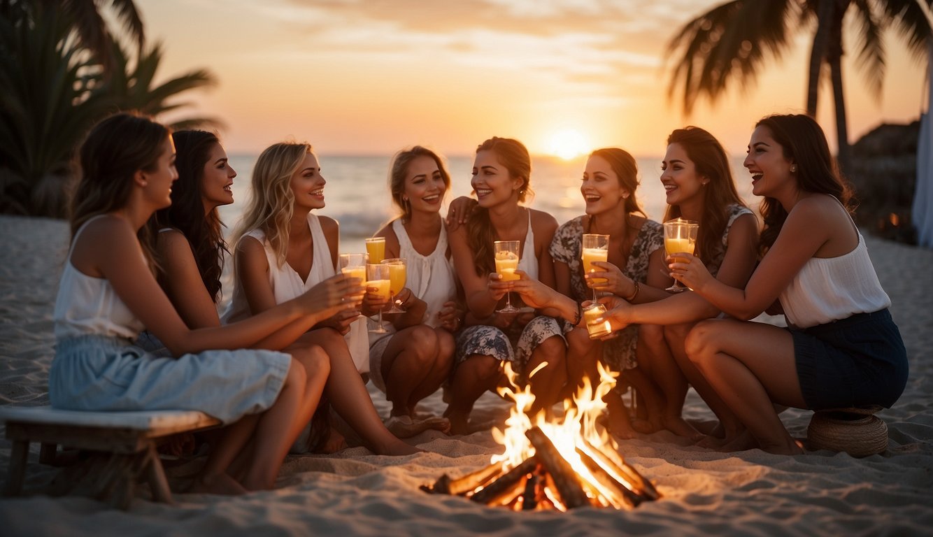 A beach-themed bachelorette party with colorful leis, seashell-shaped candles, and tropical drink umbrellas scattered on a sandy table Beach Themed Bachelorette Party