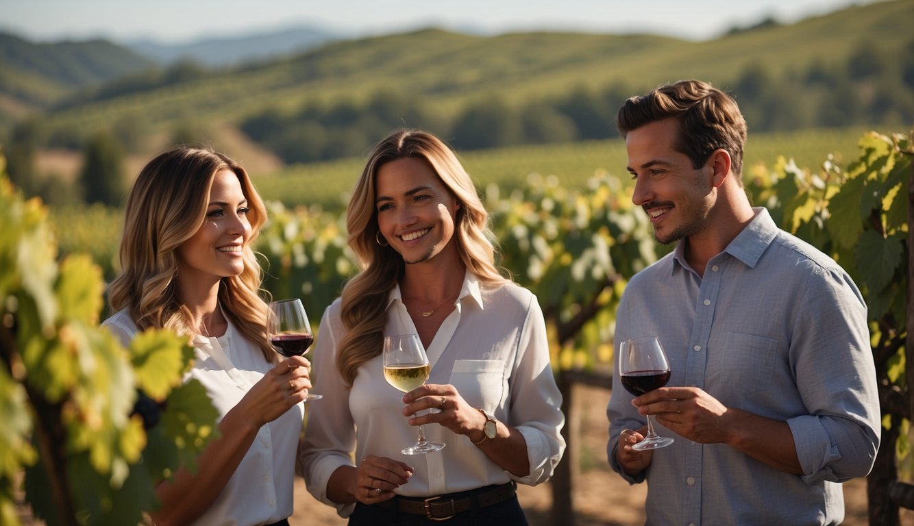 Guests enjoying a vineyard tour, tasting various wines, and learning about the winemaking process. Decor includes wine barrels, grape vines, and elegant wine glasses Wine Themed Bachelorette Party