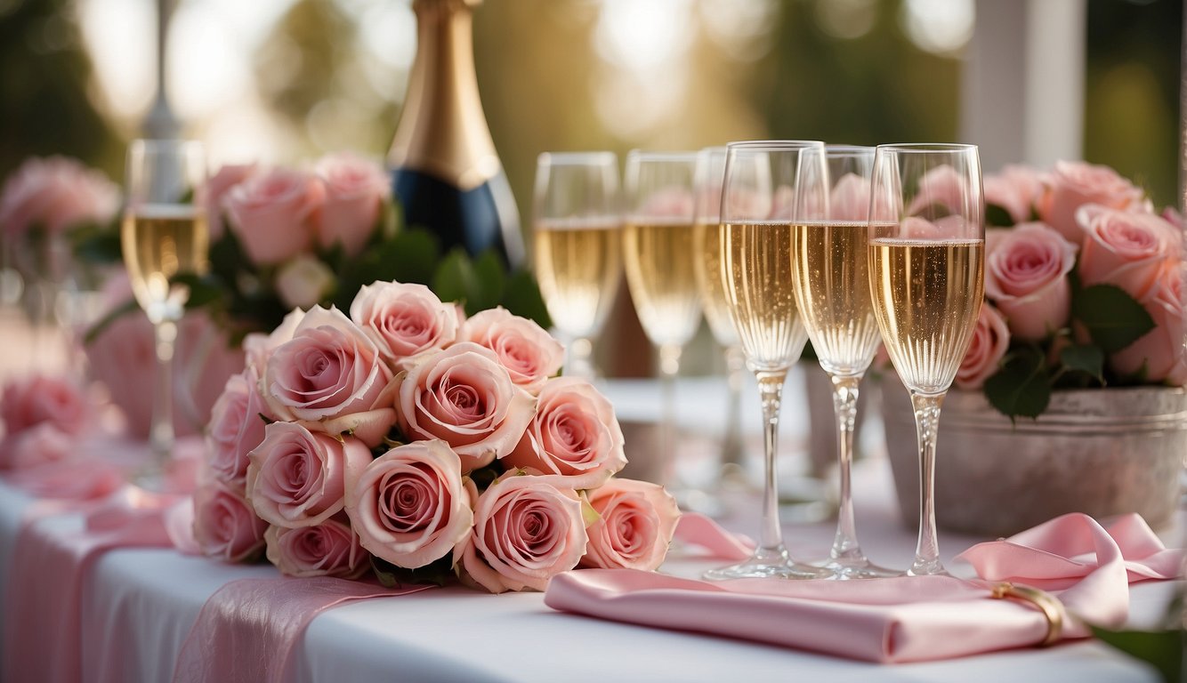 A table displaying pink bachelorette outfits: a lace dress, high heels, a sash, and a veil. Bouquets of pink roses and champagne glasses nearby Pink Bachelorette Outfits