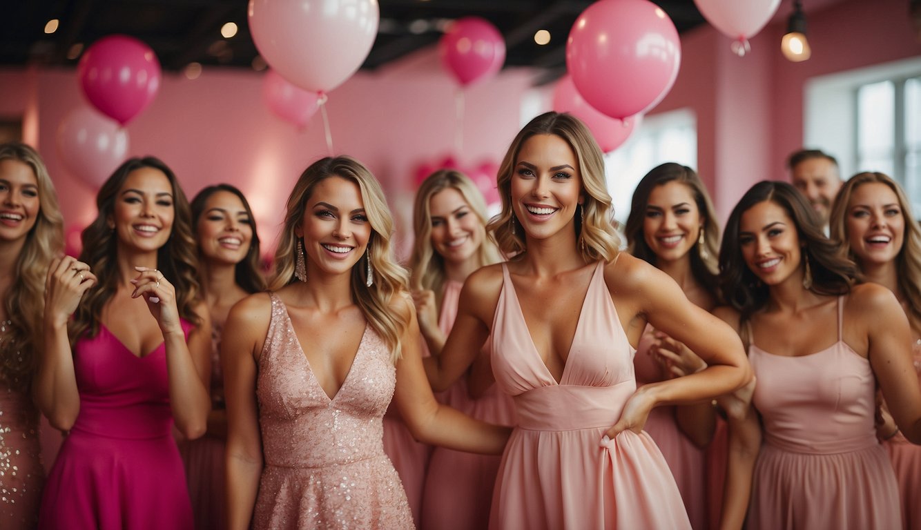 A group of women wearing various shades of pink bachelorette outfits, laughing and dancing at a lively party venue decorated with pink and white decor Pink Bachelorette Outfits