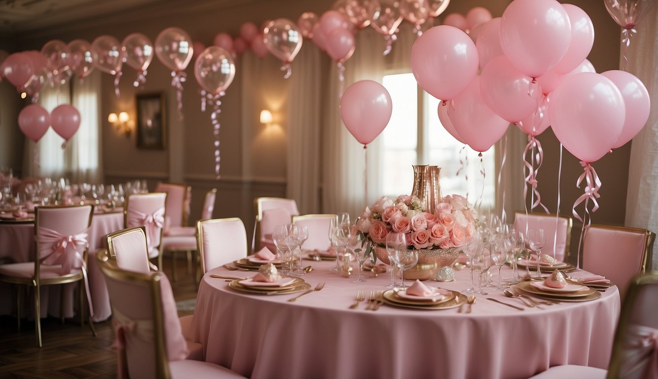 A table displays pink bachelorette outfits with sparkly sashes and tiaras. Balloons and streamers decorate the room Pink Bachelorette Outfits