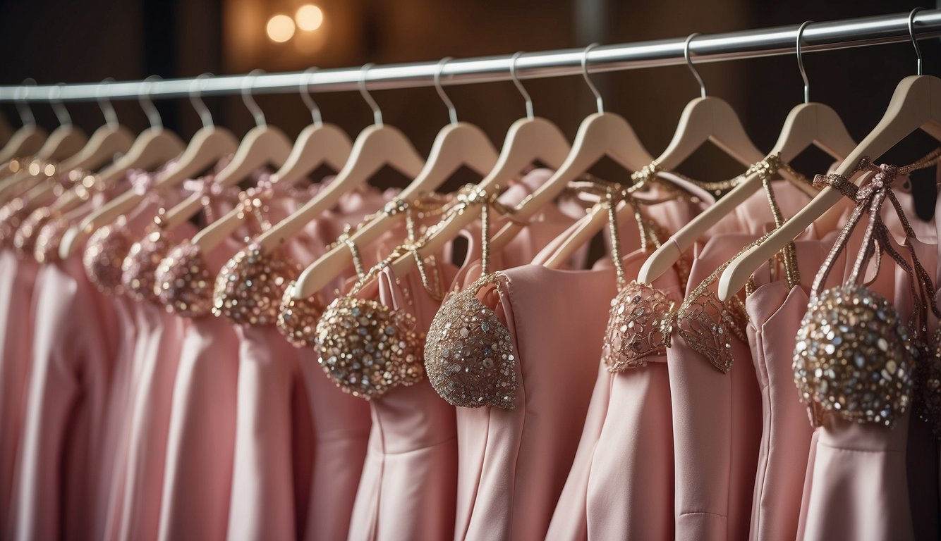 A group of pink bachelorette outfits arranged on hangers, with sparkly accessories and high heels nearby Pink Bachelorette Outfits