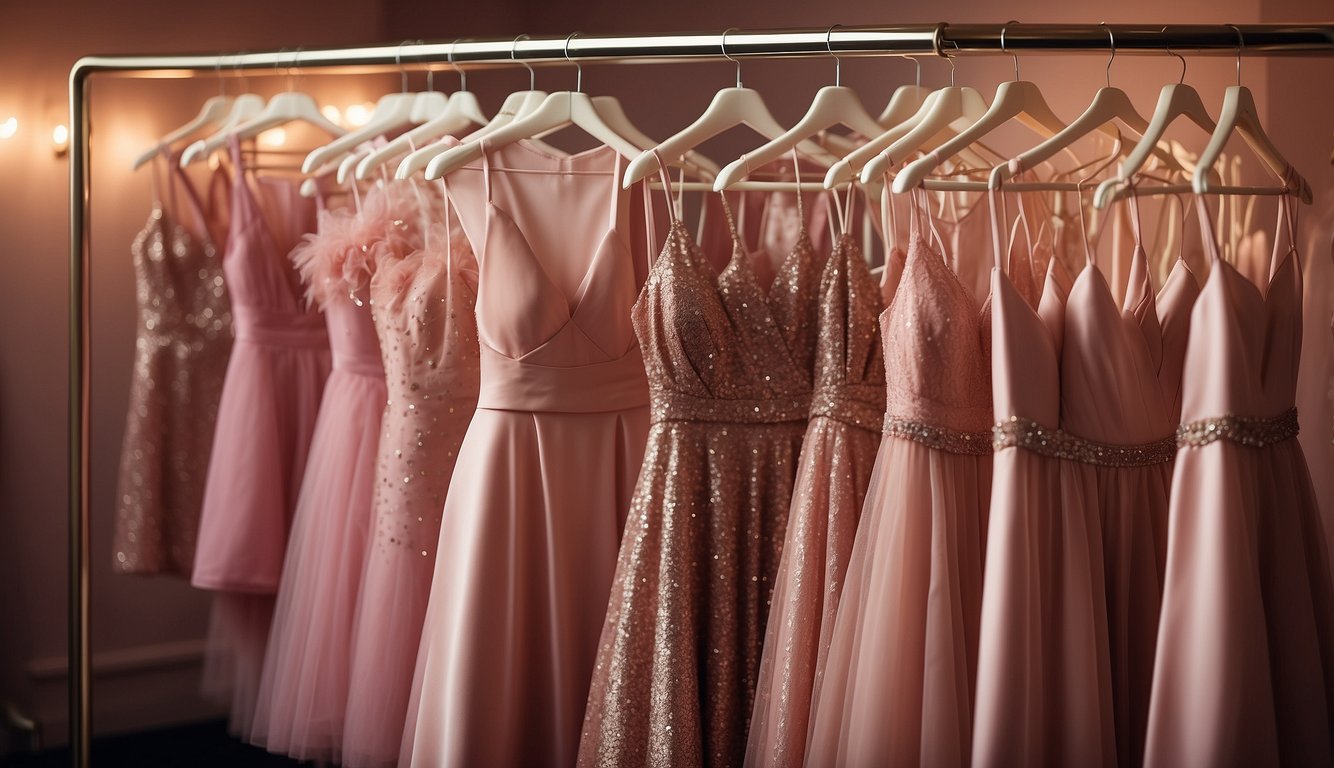 A rack of pink bachelorette outfits, including dresses, tops, and accessories, displayed in a boutique setting with soft lighting and a fun, celebratory atmosphere Pink Bachelorette Outfits