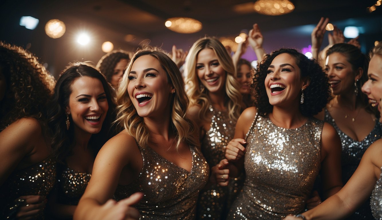 A group of women wearing flashy, sparkly disco-themed outfits, dancing and laughing at a bachelorette party Disco Bachelorette Outfits