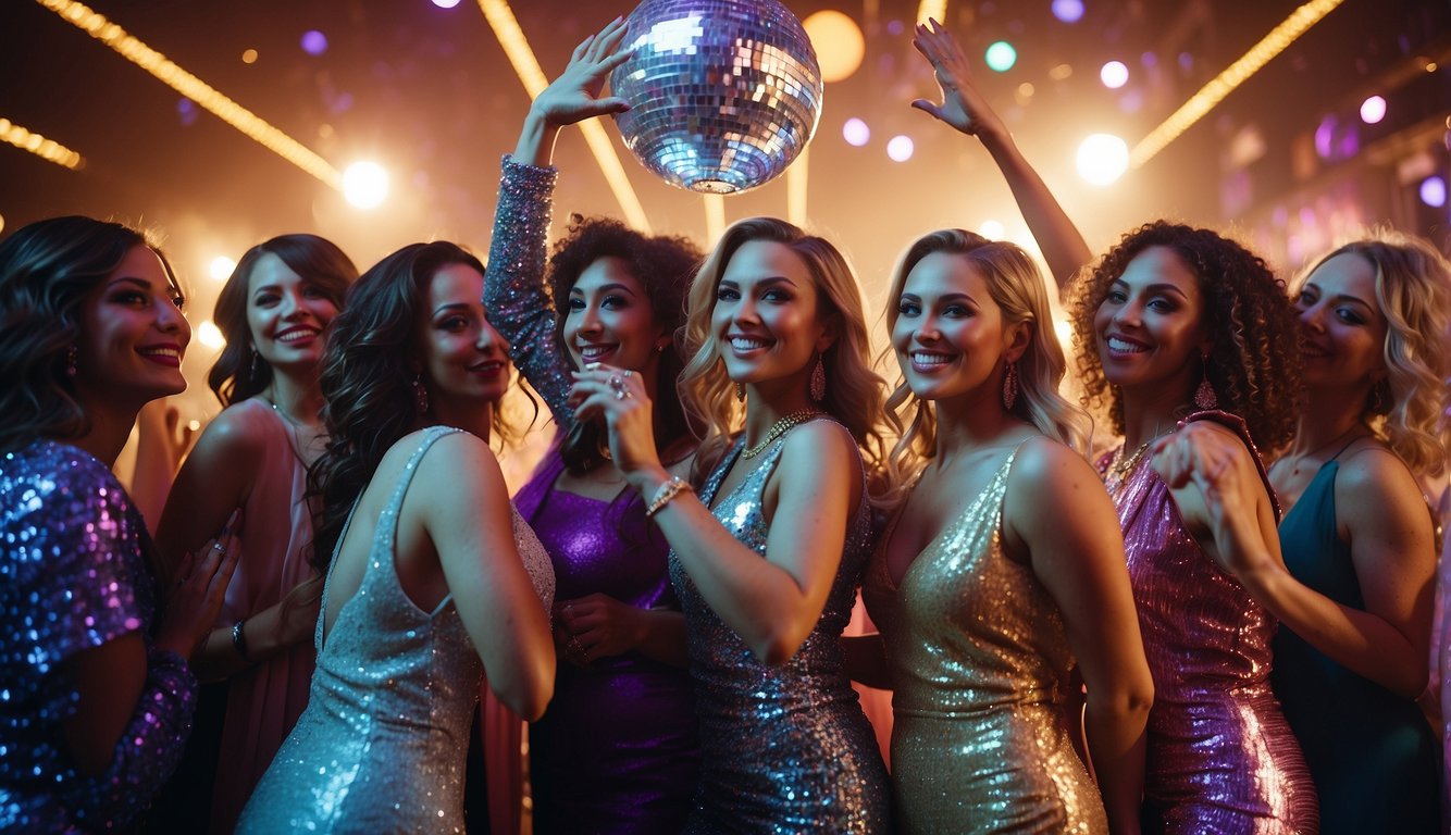 A group of women in sparkly, colorful disco bachelorette outfits dance under a glittering disco ball, surrounded by vibrant lights and energetic music Disco Bachelorette Outfits