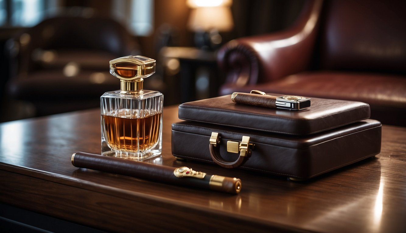 A well-lit lounge with a leather armchair, a polished wooden table, and a crystal ashtray. A cigar cutter and lighter rest next to a selection of premium cigars in a humidor Cigar Etiquette