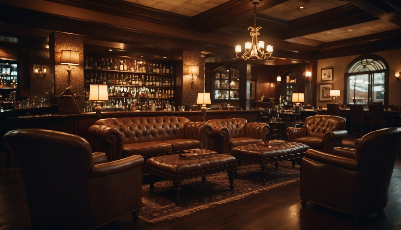 A dimly lit cigar lounge with leather armchairs, a mahogany bar, and patrons conversing in hushed tones, while carefully selecting and cutting their cigars Cigar Etiquette