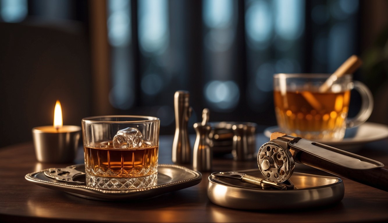 A table set with a cigar cutter, ashtray, and matches. A comfortable chair and soft lighting create a relaxed atmosphere Cigar Etiquette