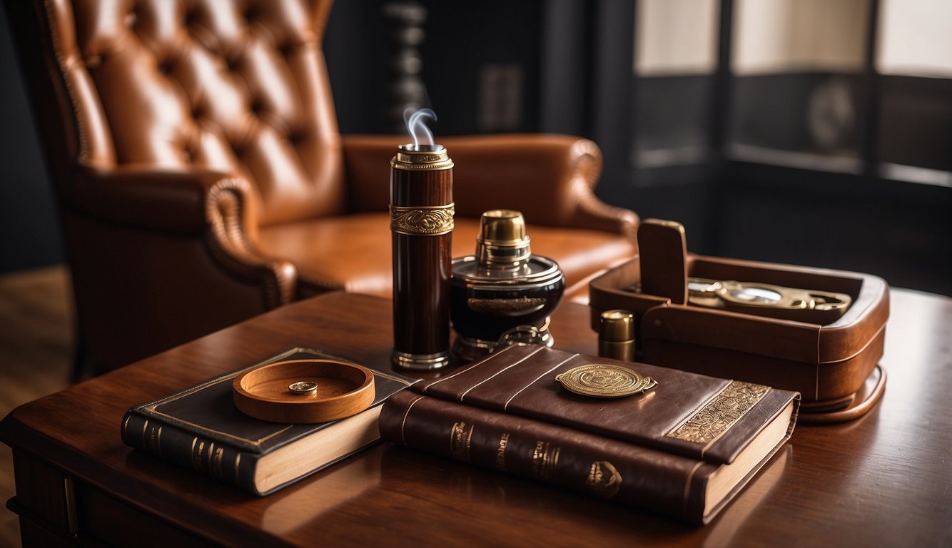 A well-lit room with a cozy armchair, a polished wooden table, and a cigar humidor. A cigar cutter and lighter are neatly arranged alongside a leather-bound etiquette book Cigar Etiquette