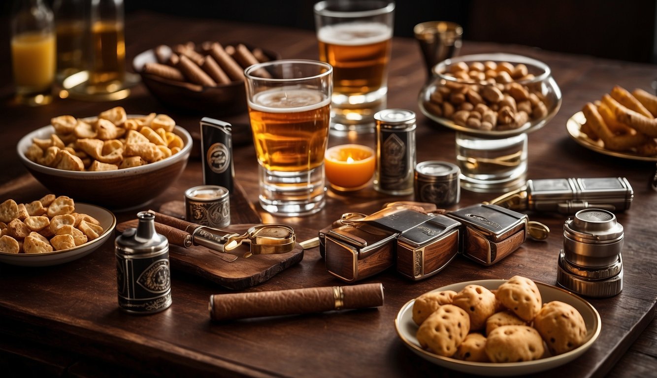 A table set with a variety of cigars, cutters, and lighters, accompanied by a selection of beverages and snacks for pairing Cigar Etiquette