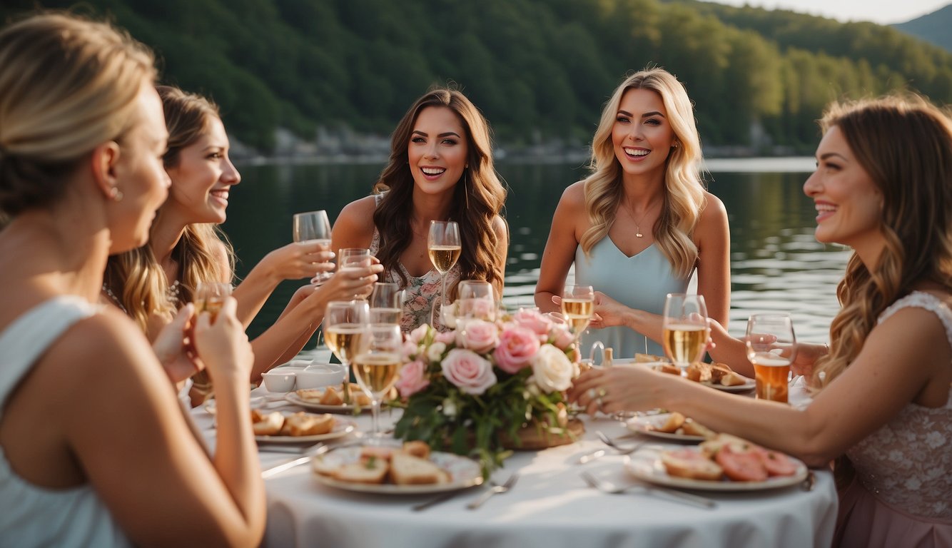 A group of women enjoying a lakeside bachelorette party, following safety and etiquette guidelines. Decor includes themed banners and games Lake Bachelorette Party Themes