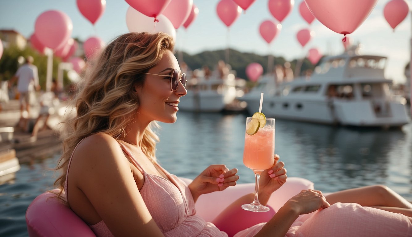 Women lounging on a dock, sipping cocktails. Decorations in shades of pink and white adorn the area. A boat is decorated with streamers and balloons Lake Bachelorette Party Themes