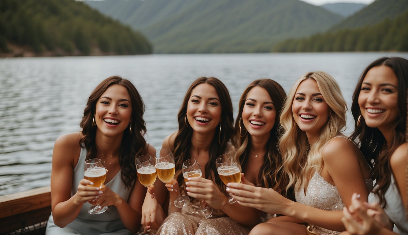 A group of women celebrate at a lakeside bachelorette party, with decorations, drinks, and laughter filling the air Lake Bachelorette Party Themes