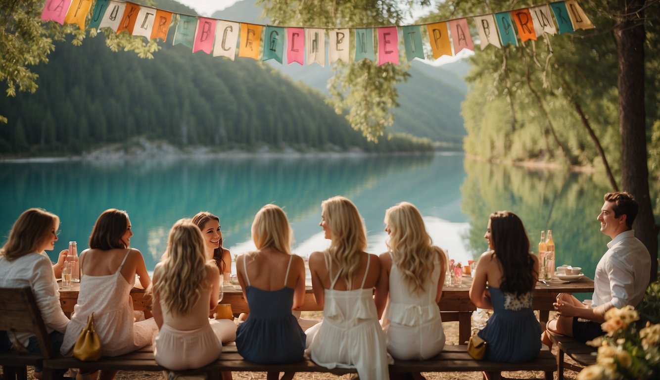 A group of women gather around a picturesque lake, with vibrant decorations and signs displaying various bachelorette party themes Lake Bachelorette Party Themes
